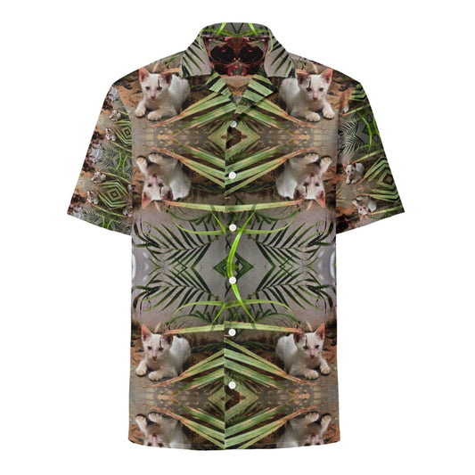 Bamboo Cat button shirt with bamboo cat illustration by Vicky Steane