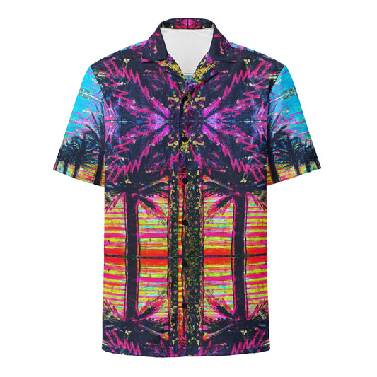 Barcelona button shirt with Barcelona city artwork by Vicky Steane, flat lay