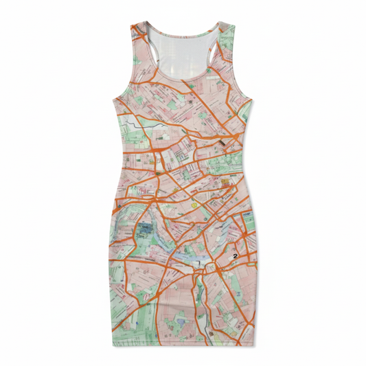 London Travel Card Map bodycon dress with London travel card collage by Vicky Steane, flat lay