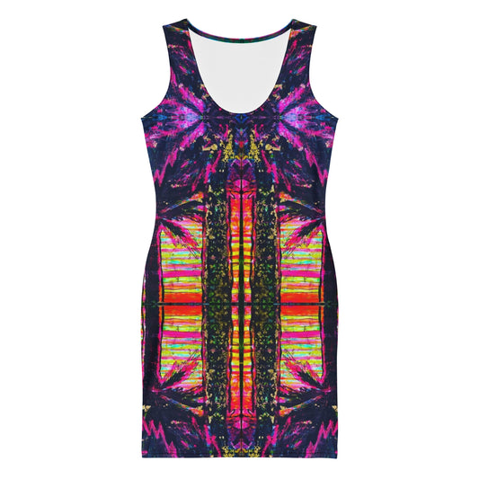 Barcelona bodycon dress with Barcelona city artwork by Vicky Steane, front view