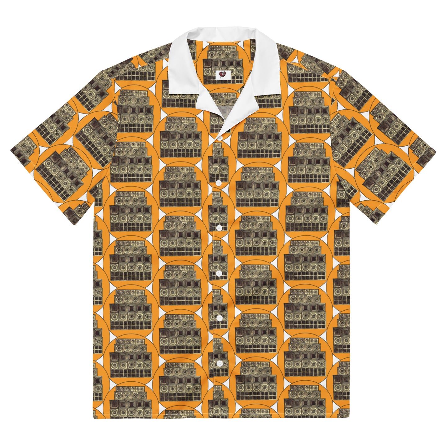 Speaker Stack button shirt with speaker stack illustration by Vicky Steane, front view