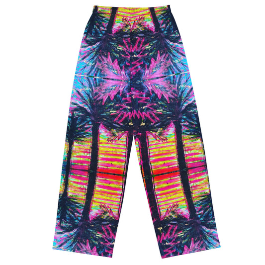 Front view of the Barcelona Wide Leg Joggers showing the full colourful printed artwork design across the trousers