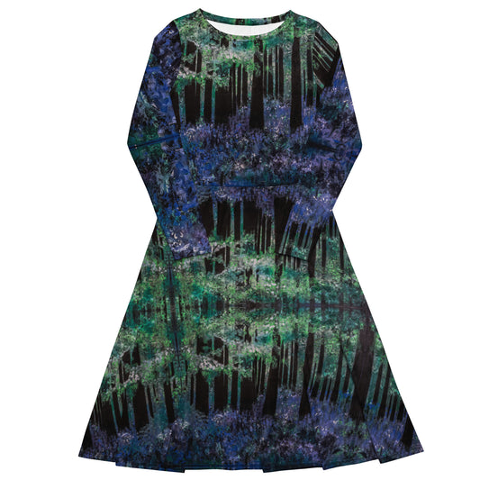 Bluebell Woods midi dress with bluebell woodland painting by Vicky Steane, back view
