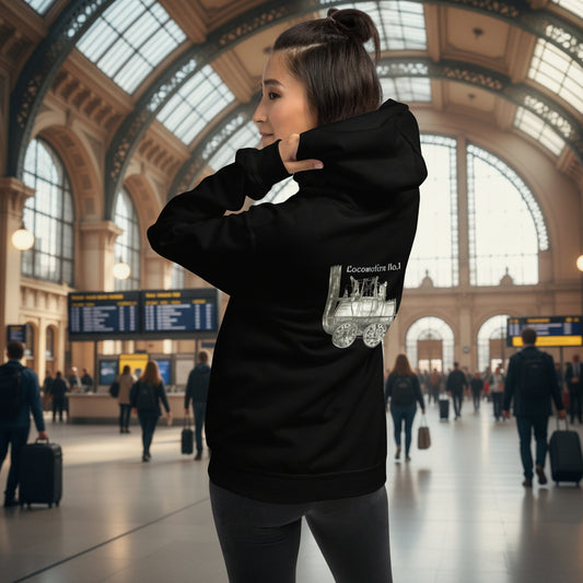 Person wearing a black Locomotion hoodie with an old fashioned train design on the back