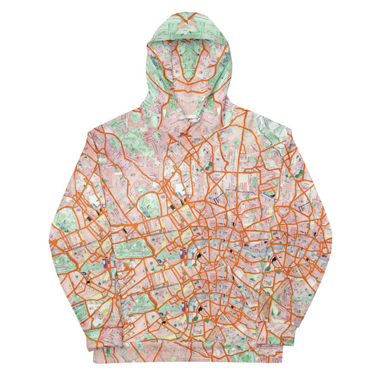 London Travel Card Map hoodie with London travel card collage by Vicky Steane, back view