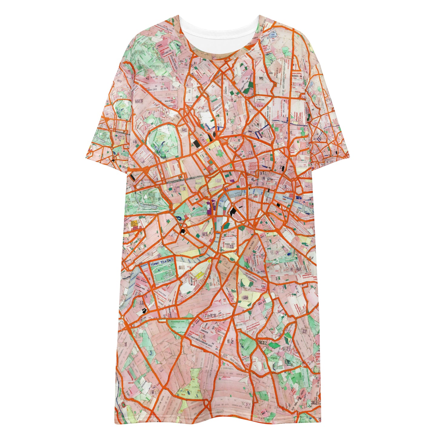 London Travel Card Map t-shirt dress with London travel card collage by Vicky Steane, back view