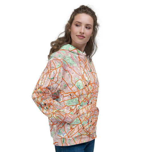 London Travel Card Map hoodie with London travel card collage by Vicky Steane, back view