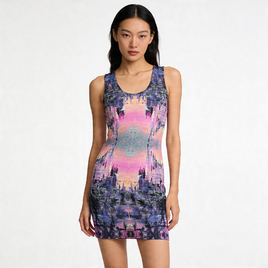 Abstract Purple City bodycon dress with abstract purple city art by Vicky Steane, front view