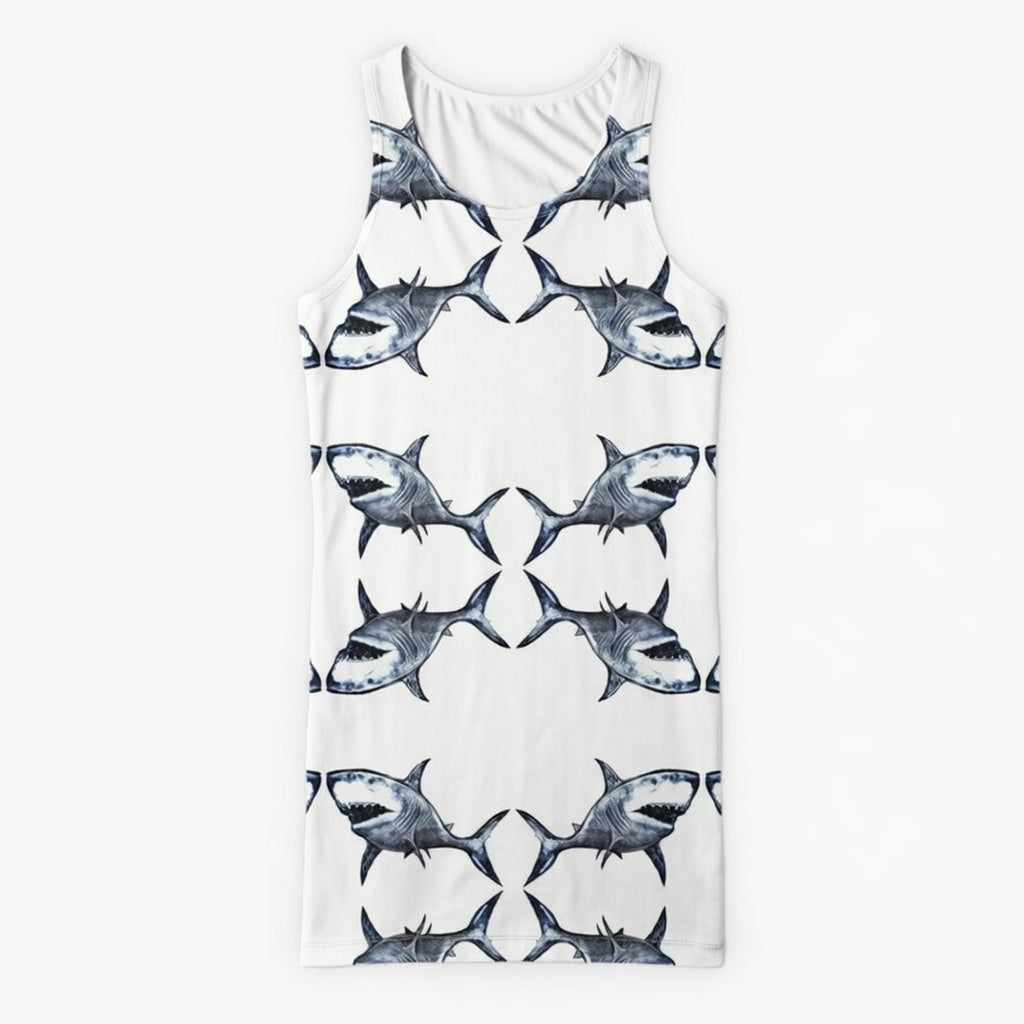 Shark Attack bodycon dress with bold shark artwork by Vicky Steane, flat lay
