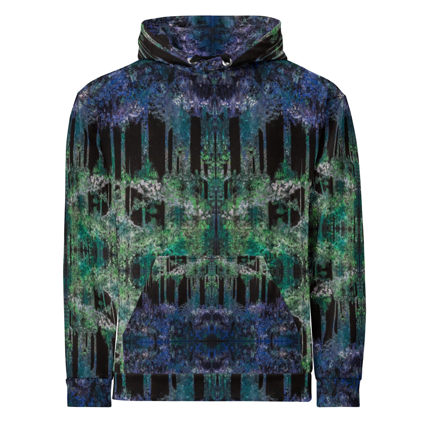 Bluebell Woods hoodie with bluebell woodland painting by Vicky Steane, front view