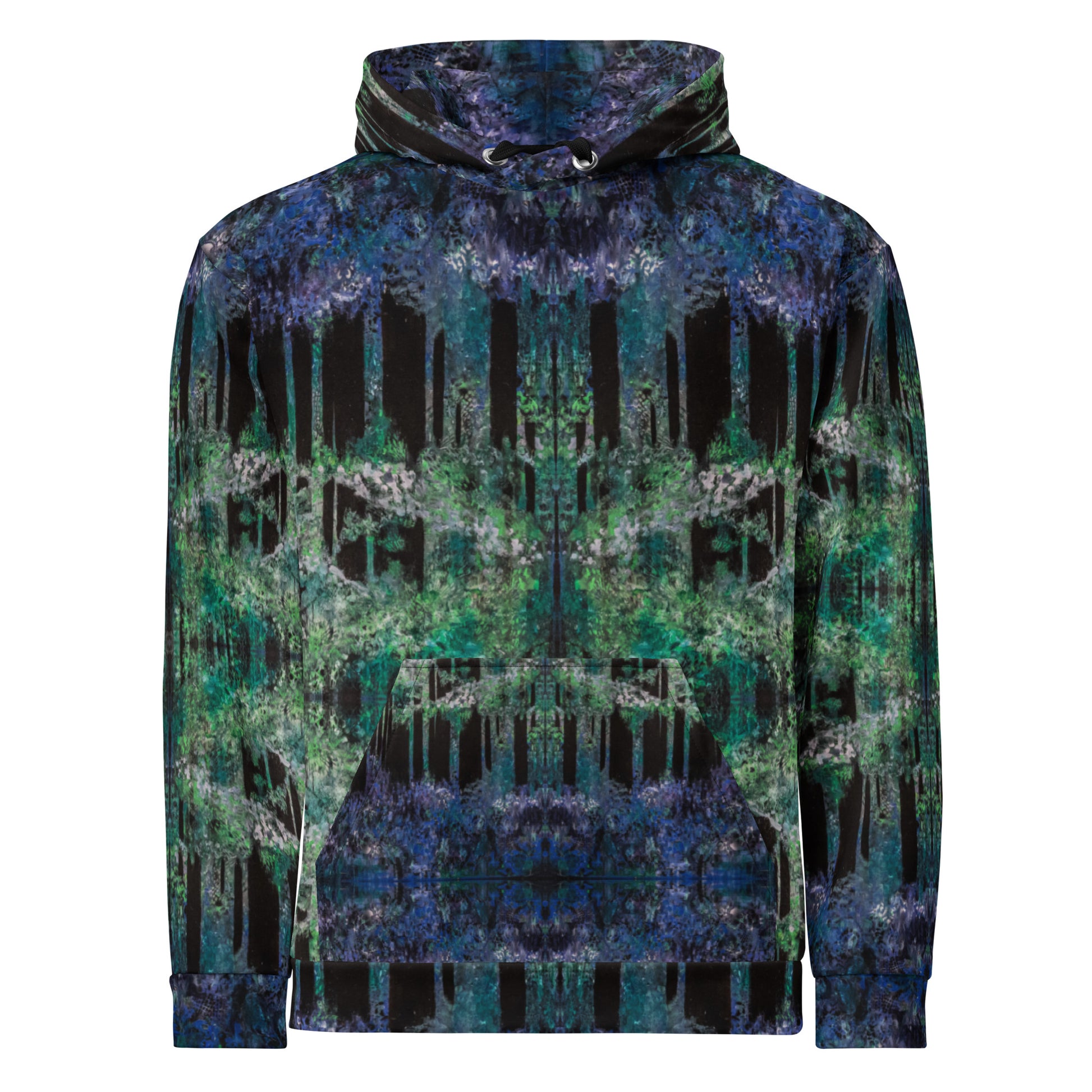 Bluebell Woods hoodie with bluebell woodland painting by Vicky Steane, front view