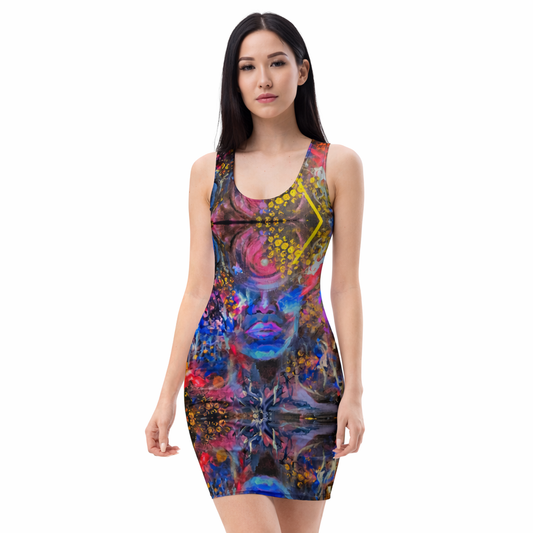 From Darkness to Light bodycon dress with expressive original painting by Vicky Steane, front view