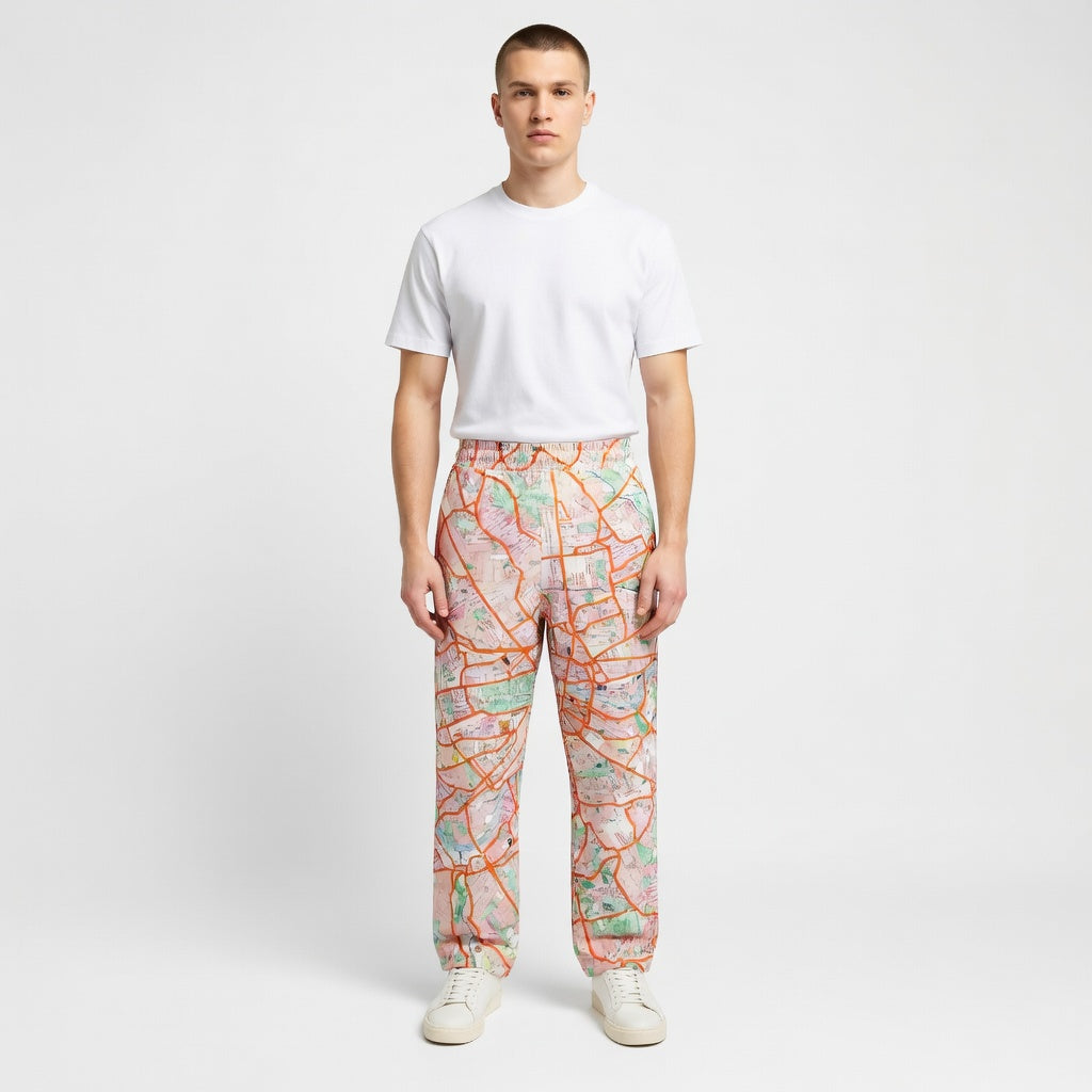 London Travel Card Map wide-leg joggers with London travel card collage by Vicky Steane, front view