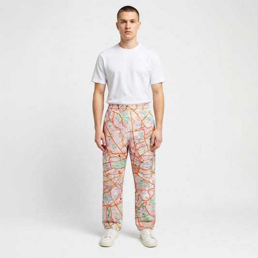 London Travel Card Map wide-leg joggers with London travel card collage by Vicky Steane, front view