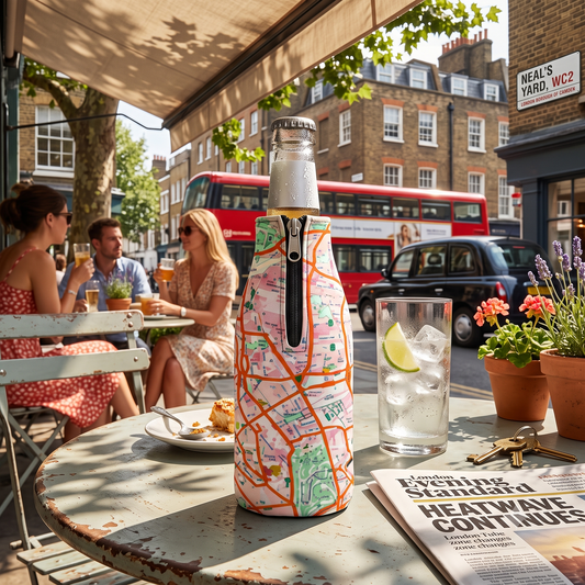 A insulated bottle with a colorful illustrated London Travel Card Map Bottle sleeve sits on an outdoor cafe table in a London street setting, with people dining in the background and a red bus on the road.