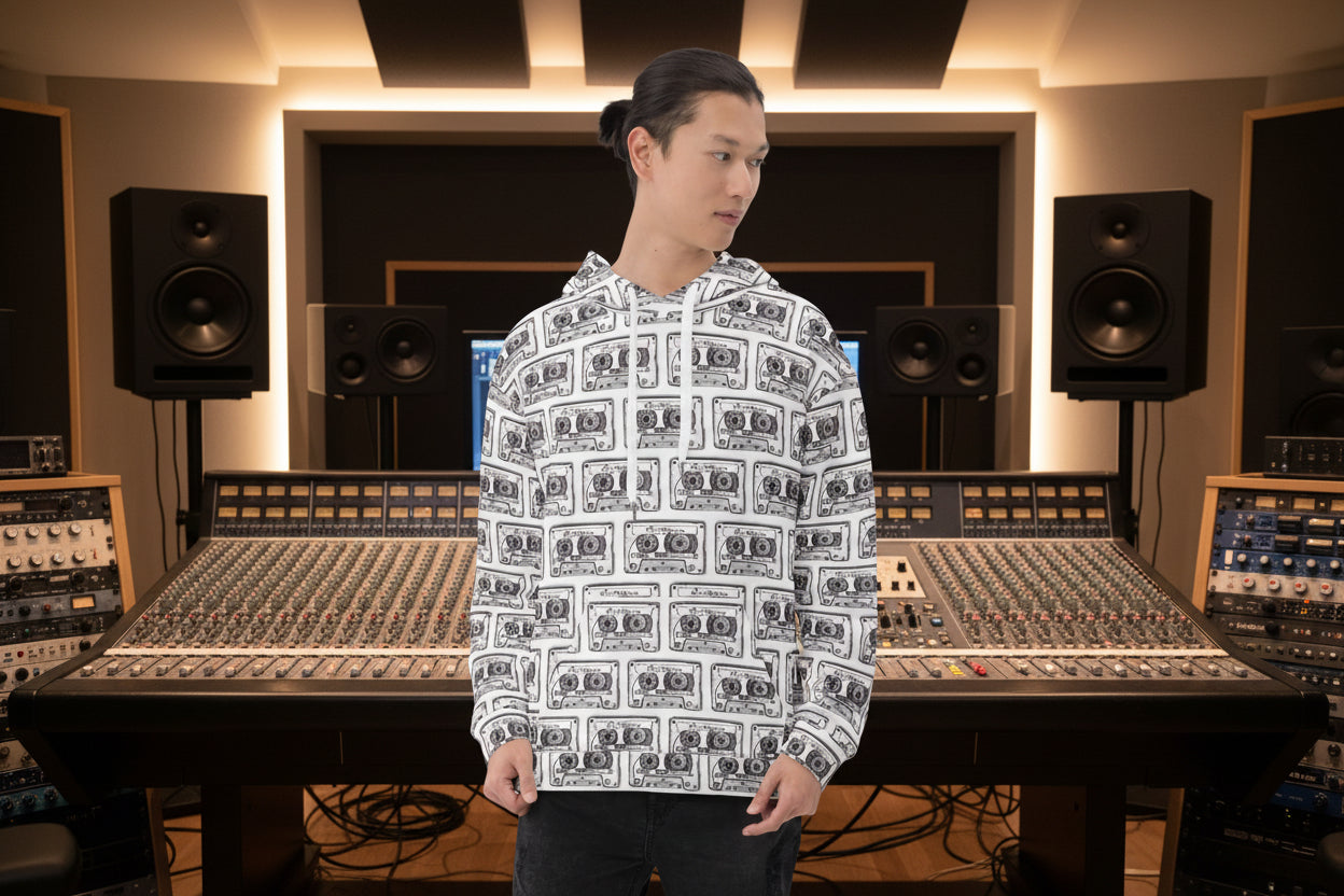Hoodie featuring Vicky Steane's Mix Tape artwork, shown on a male model standing in front of a professional recording studio mixing deskstudio