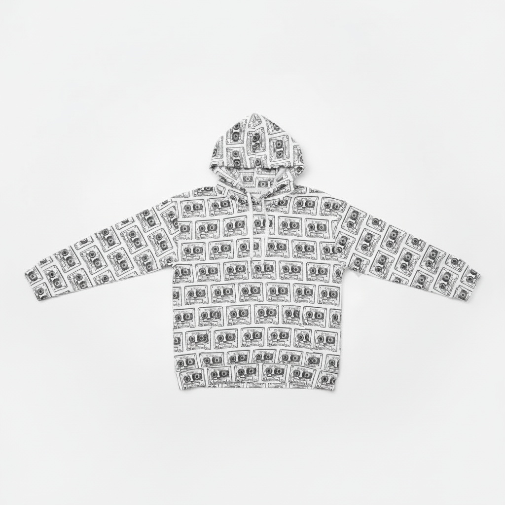 Hoodie featuring Vicky Steane's Mix Tape cassette tape print, shown as a flat lay on a light grey background, arms spread wide