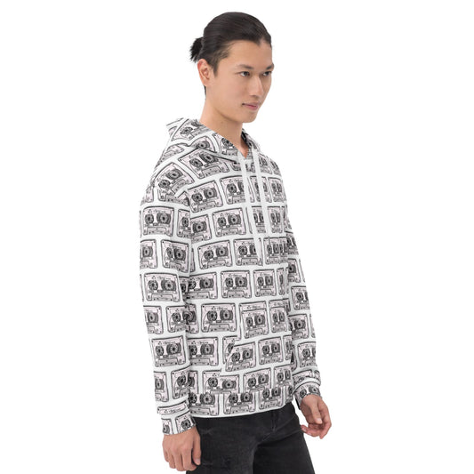 Hoodie featuring Vicky Steane's Mix Tape artwork, shown on a male model from the front at a three-quarter angle