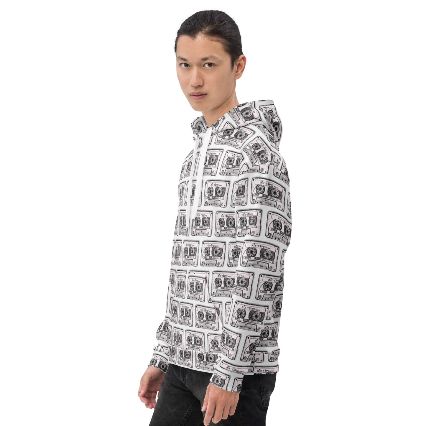 Hoodie featuring Vicky Steane's Mix Tape artwork, shown on a male model from the left side profile
