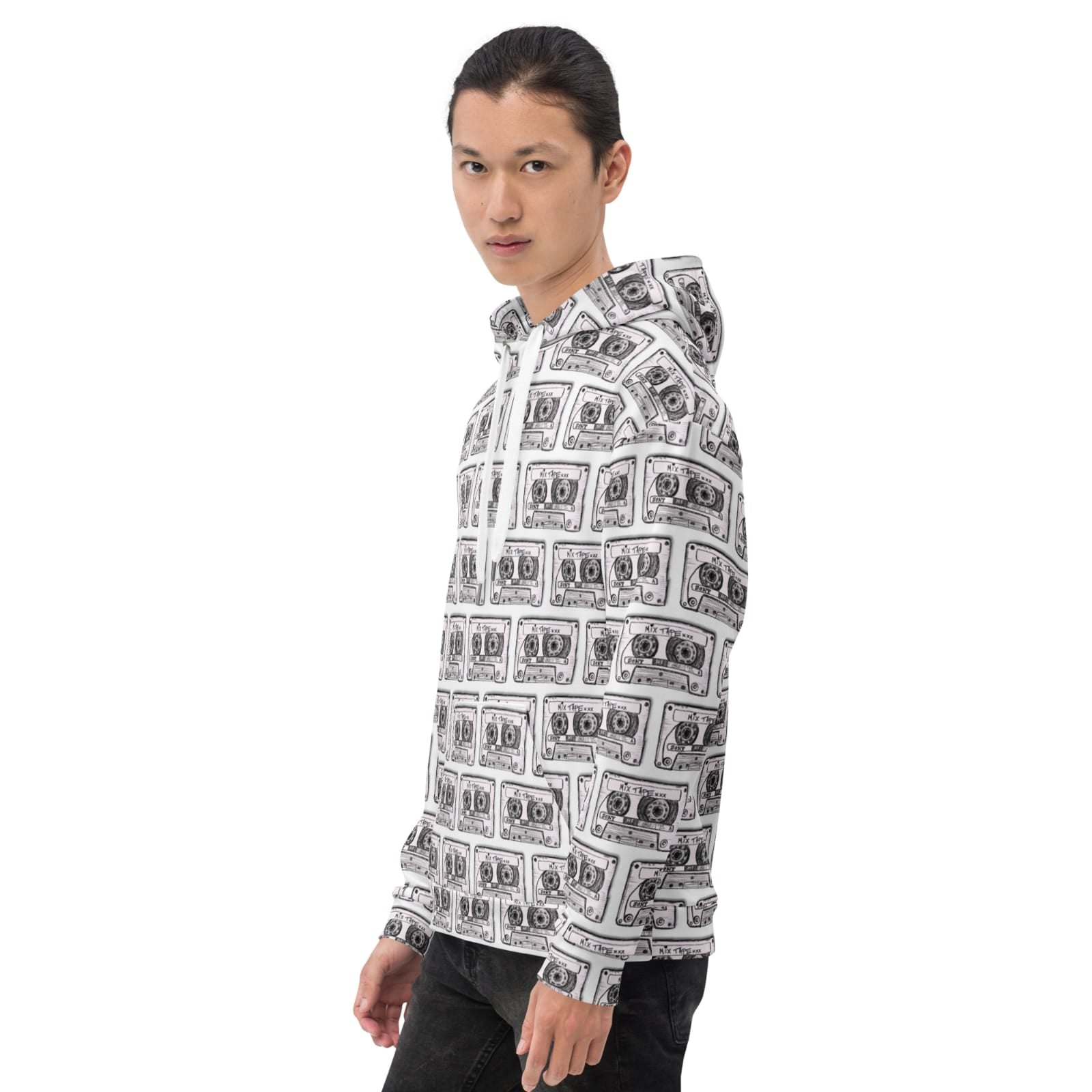 Hoodie featuring Vicky Steane's Mix Tape artwork, shown on a male model from the left side profile