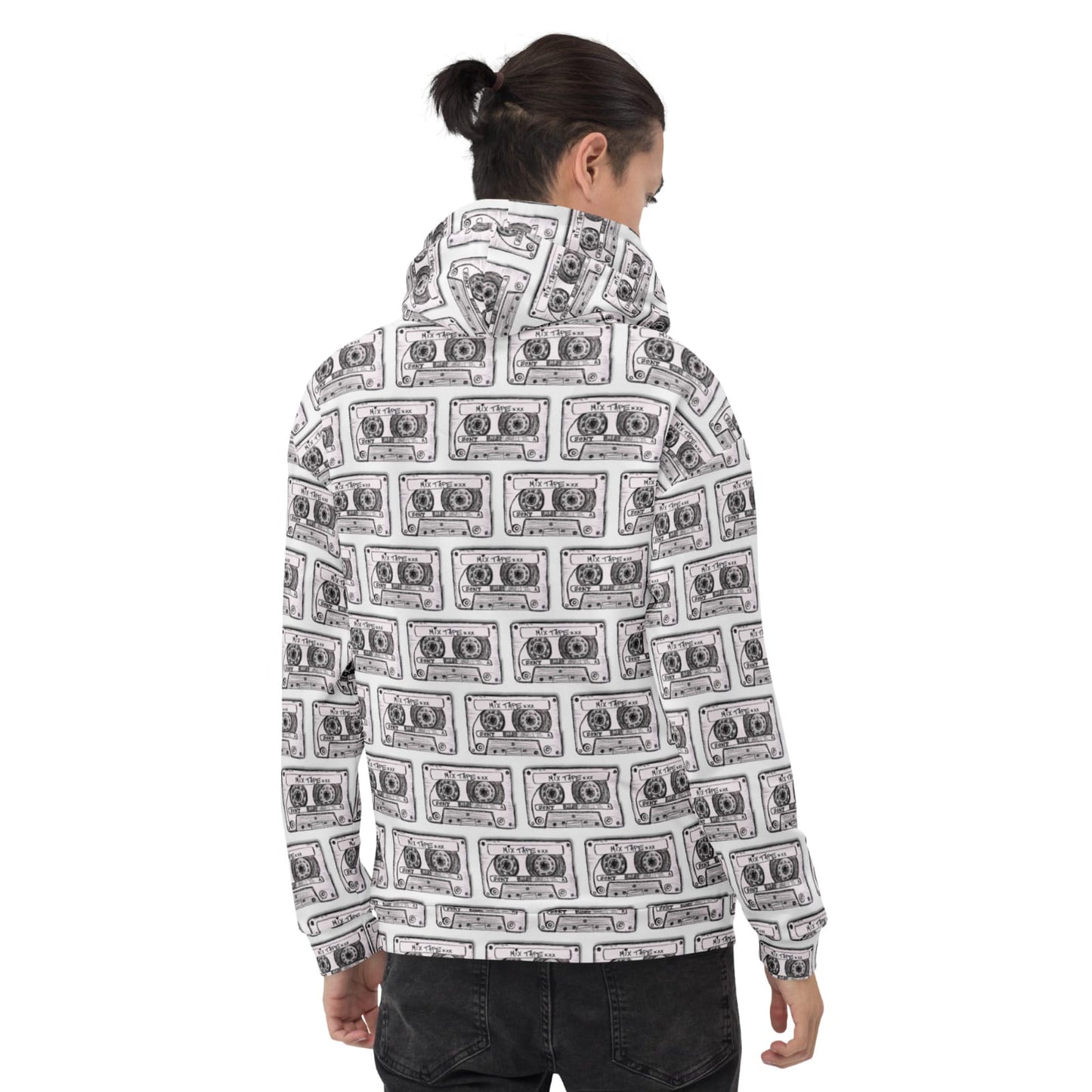 Hoodie featuring Vicky Steane's Mix Tape artwork, shown on a male model from the back, hood down, full all-over cassette print visible