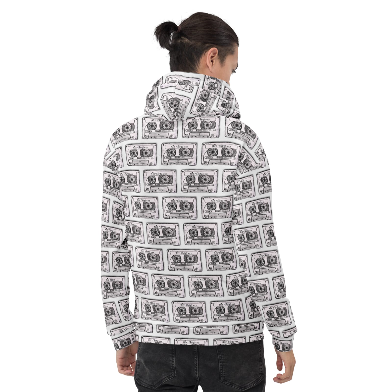 Hoodie featuring Vicky Steane's Mix Tape artwork, shown on a male model from the back, hood down, full all-over cassette print visible