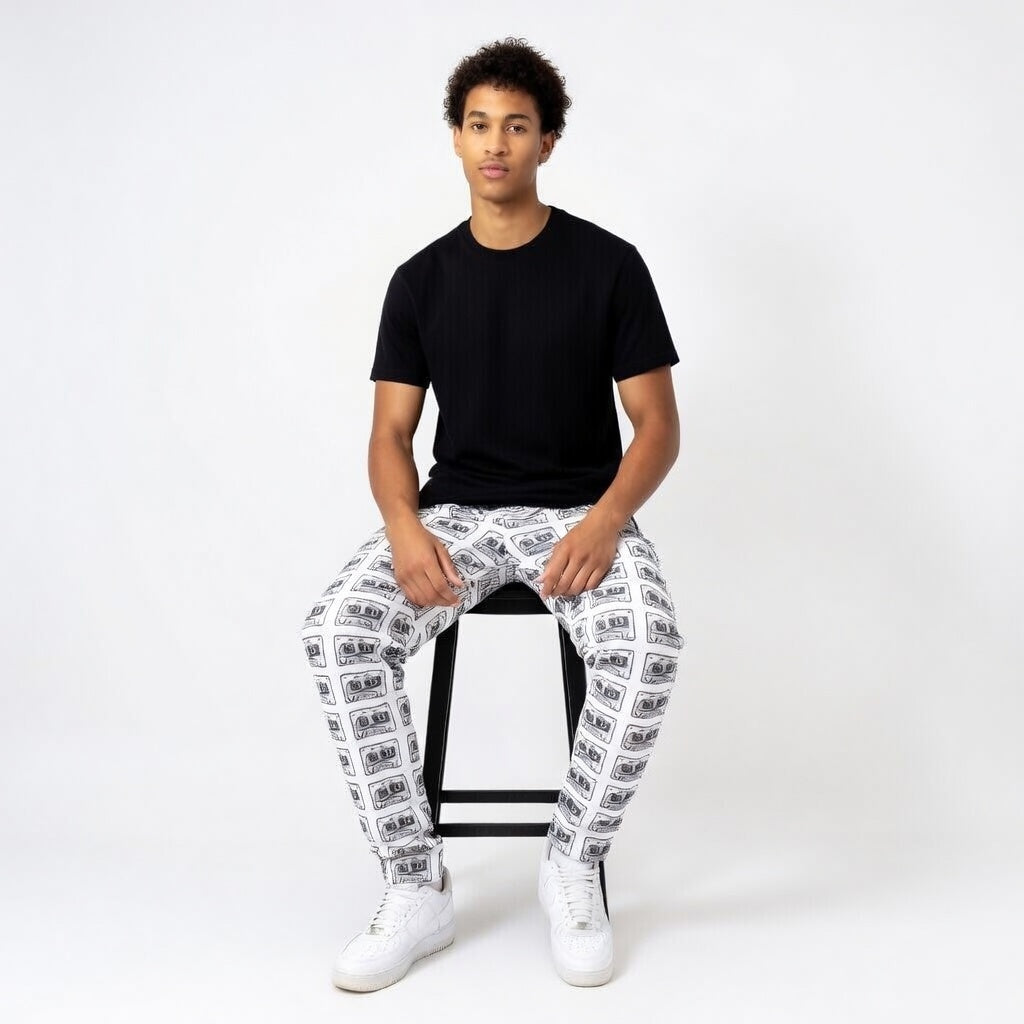 Mix Tape wide-leg joggers with retro cassette music art by Vicky Steane