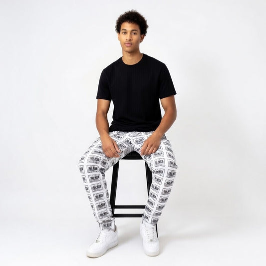 Mix Tape wide-leg joggers with retro cassette music art by Vicky Steane