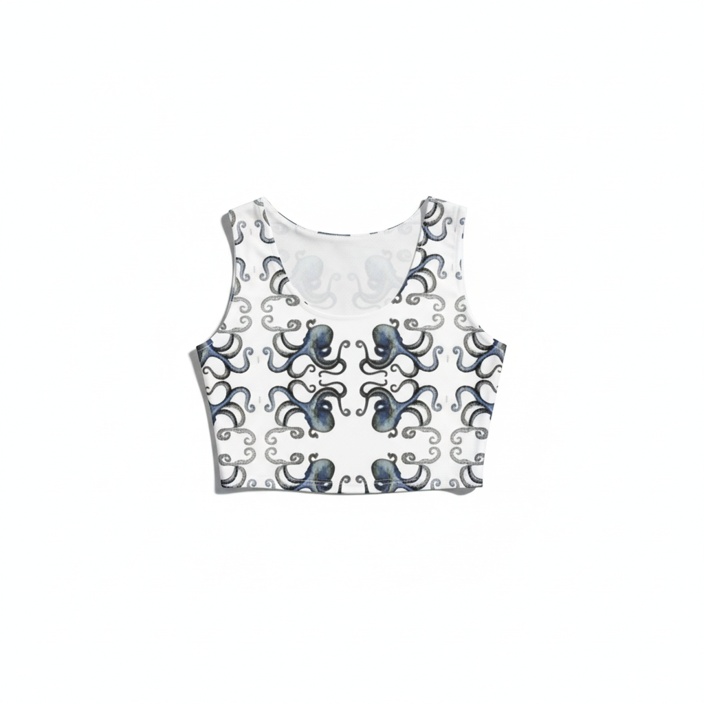 Squids In crop vest with playful squid illustration by Vicky Steane, flat lay