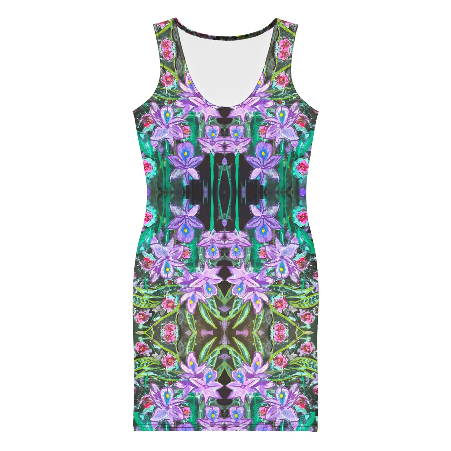 Bloom bodycon dress with floral bloom artwork by Vicky Steane, front view