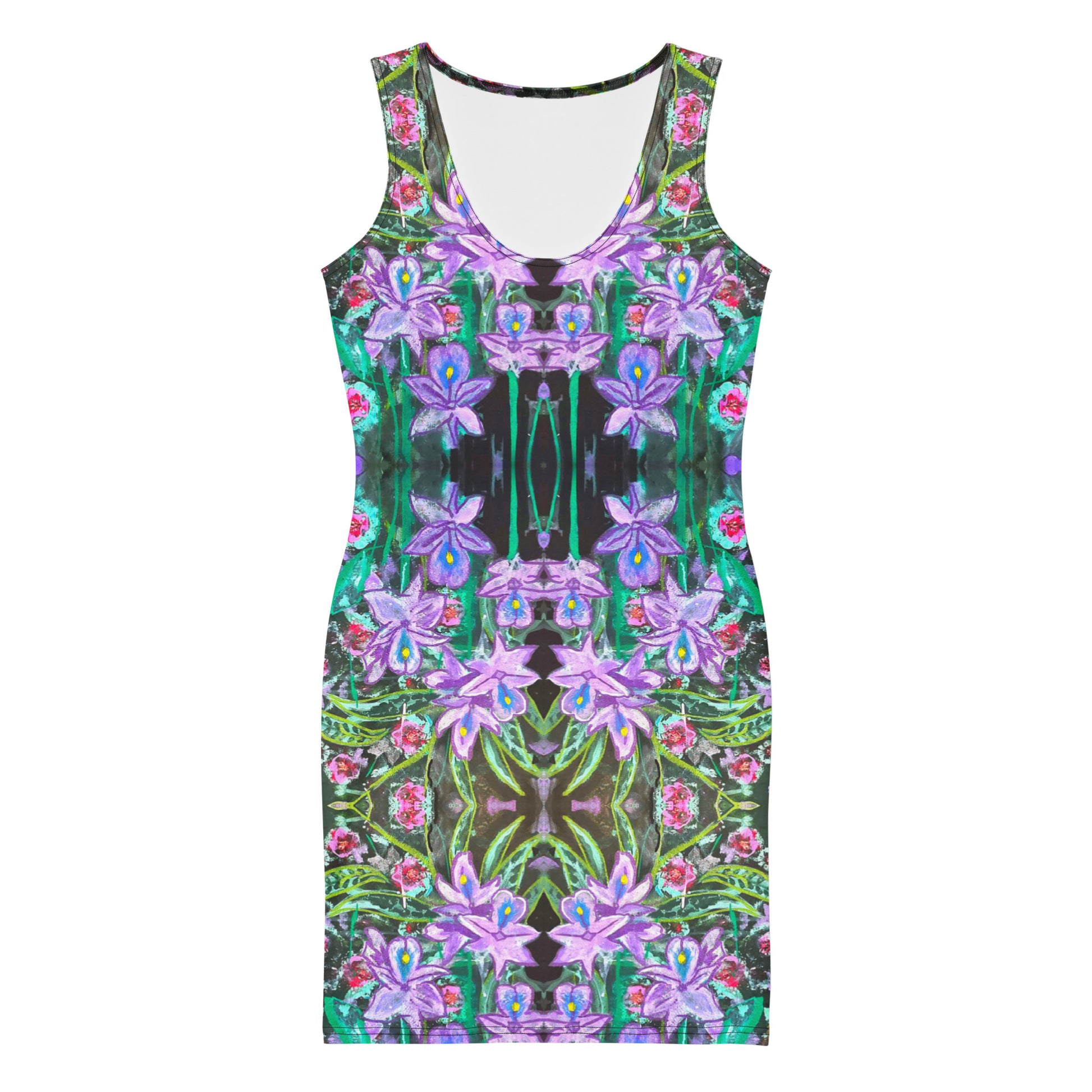 Bloom bodycon dress with floral bloom artwork by Vicky Steane, front view