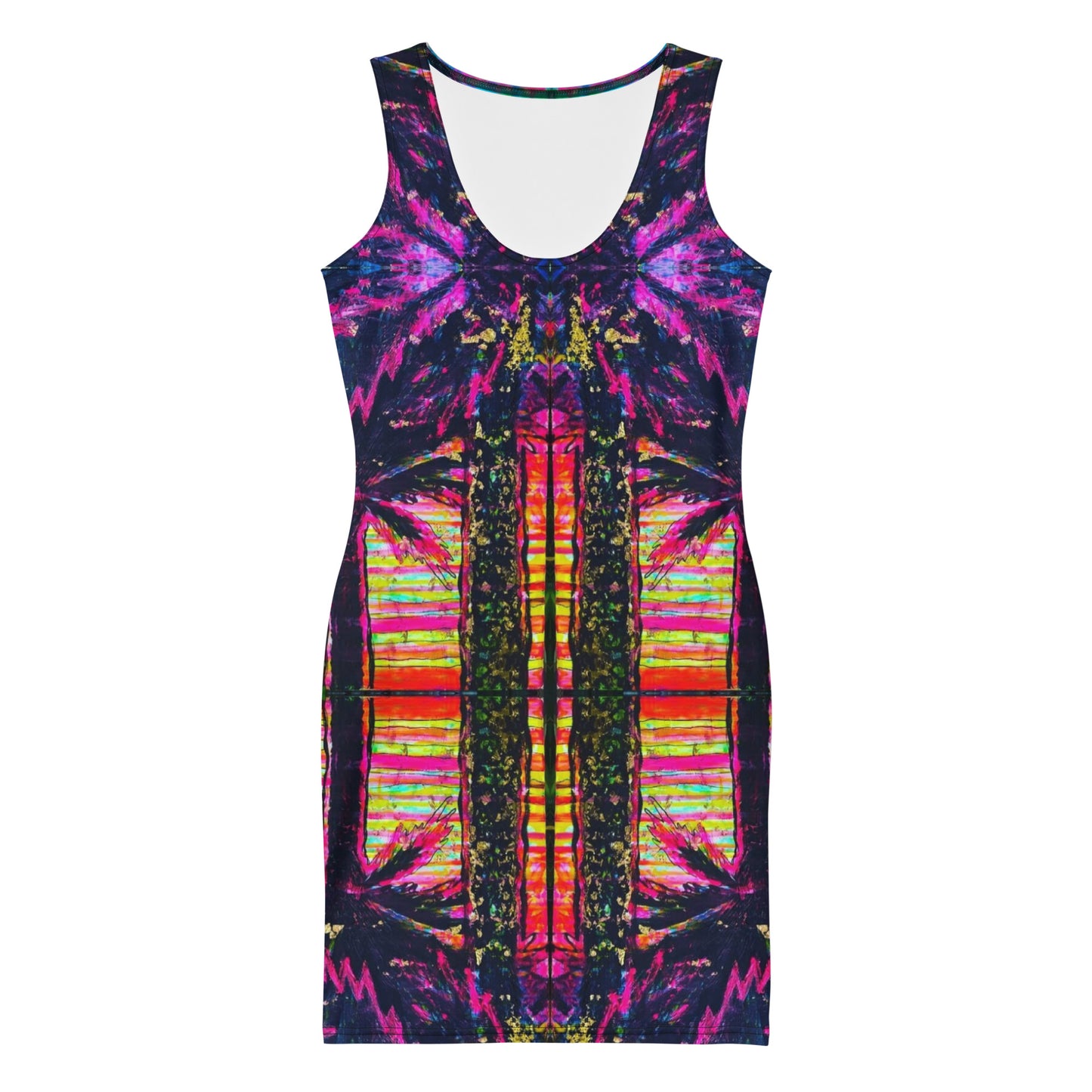 Barcelona bodycon dress with Barcelona city artwork by Vicky Steane, front view