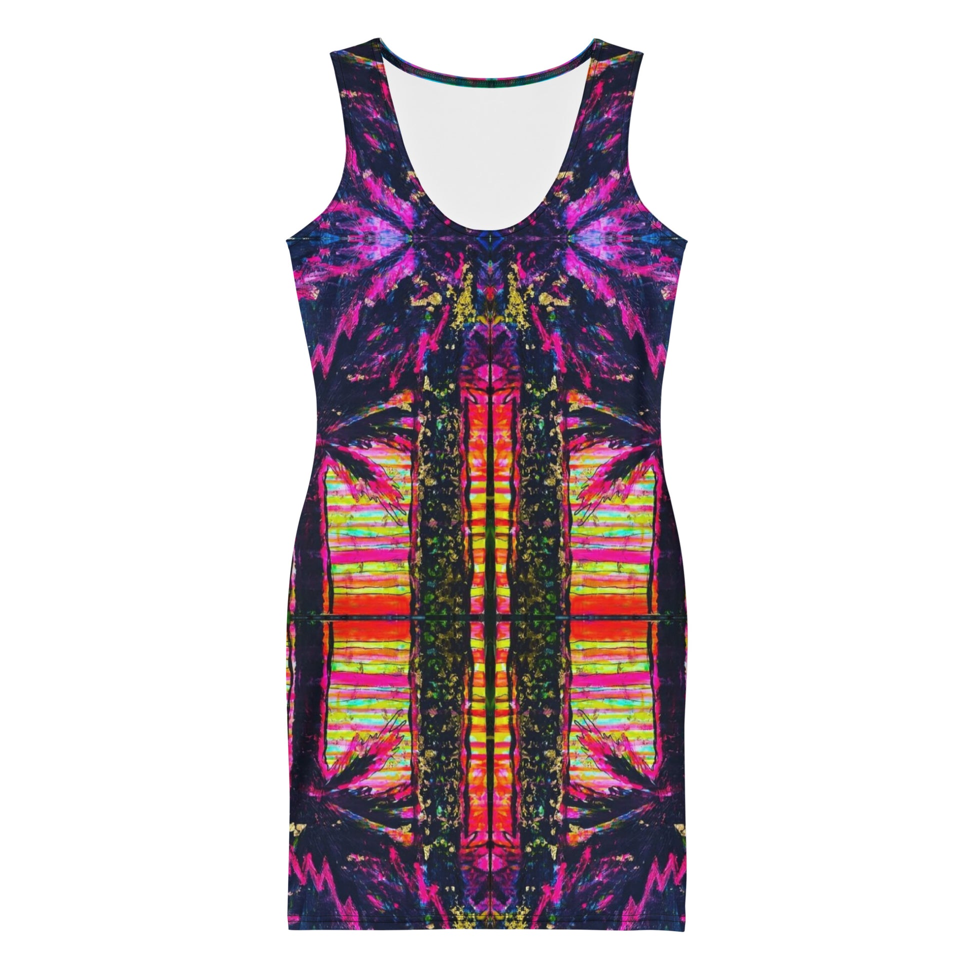 Barcelona bodycon dress with Barcelona city artwork by Vicky Steane, front view