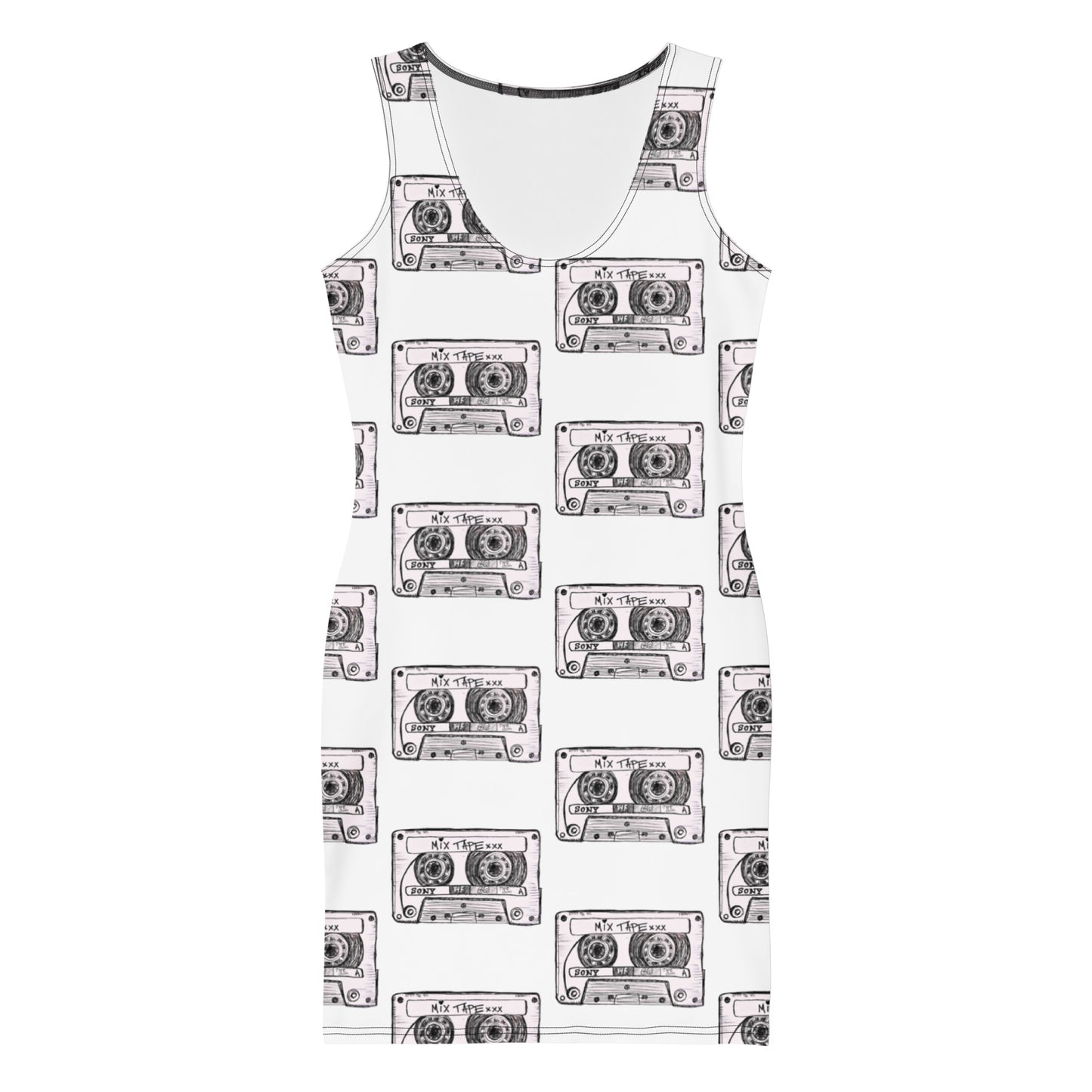 Mix Tape bodycon dress with retro cassette music art by Vicky Steane, front view
