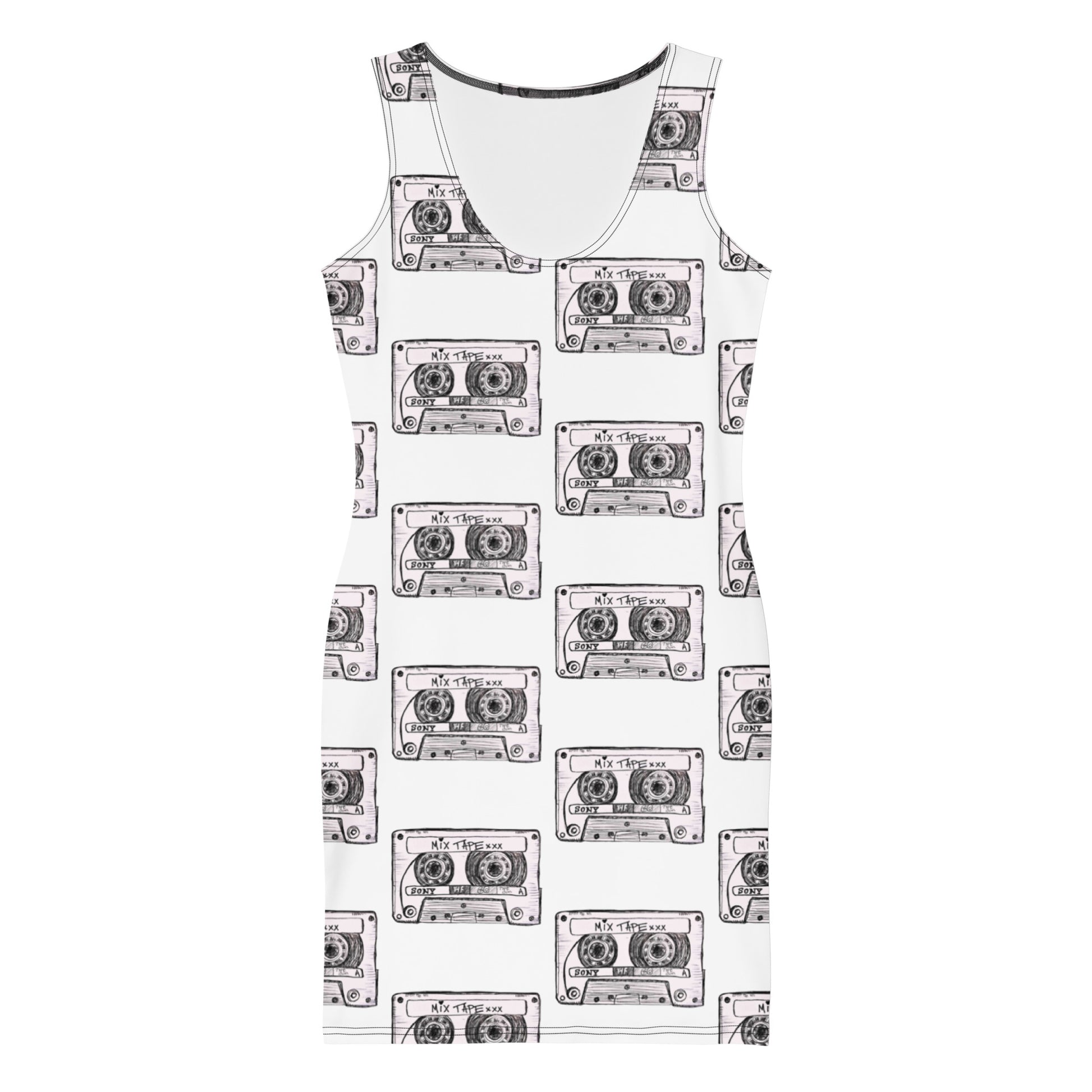 Mix Tape bodycon dress with retro cassette music art by Vicky Steane, front view