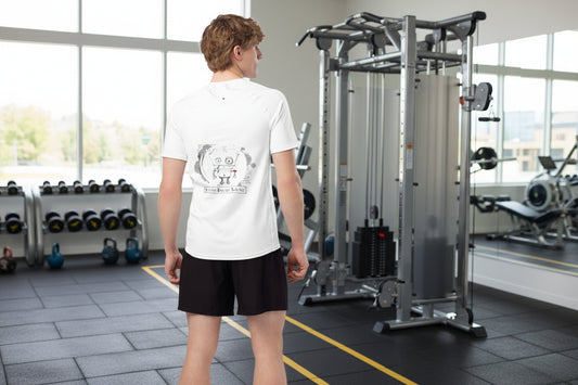 Person wearing a Little Robot Stories white t-shirt with a robot design and black shorts in a gym