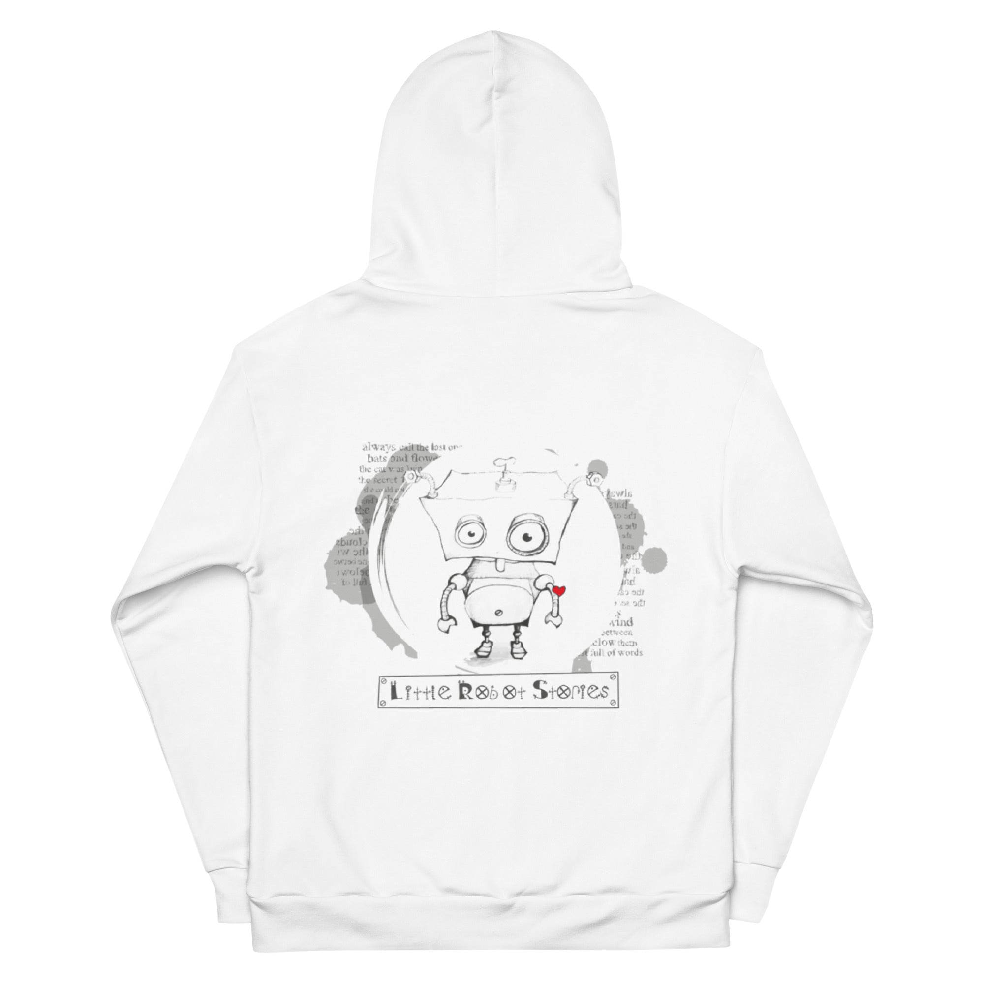 Little Robot Stories hoodie with children’s robot story art by Vicky Steane, back view
