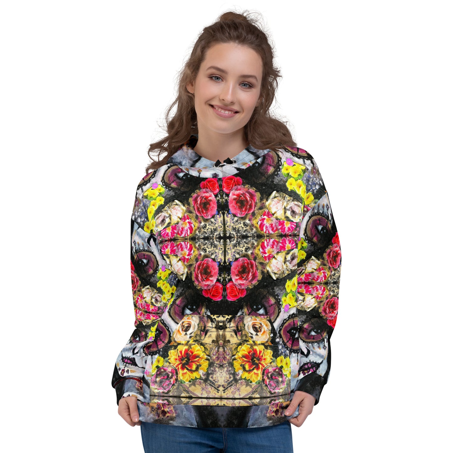 Sugar Skull hoodie with Day of the Dead skull art by Vicky Steane, front view