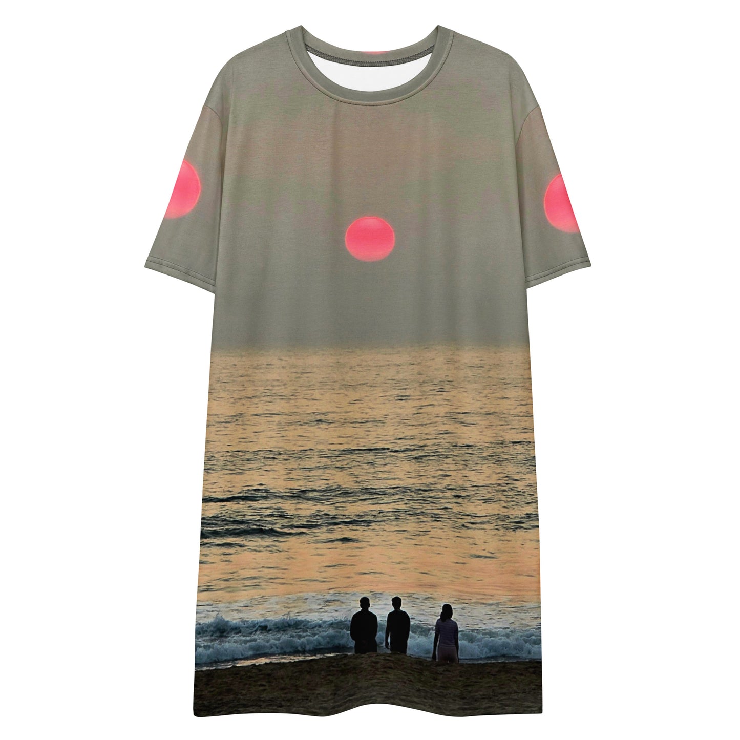 Palolem Dusk t-shirt dress with Palolem dusk artwork by Vicky Steane, front view
