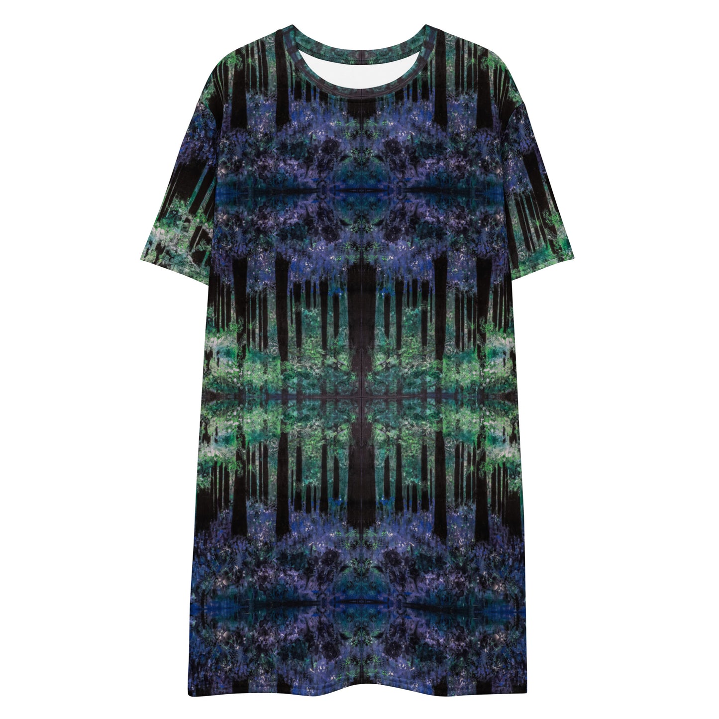 Bluebell Woods t-shirt dress with bluebell woodland painting by Vicky Steane, front view