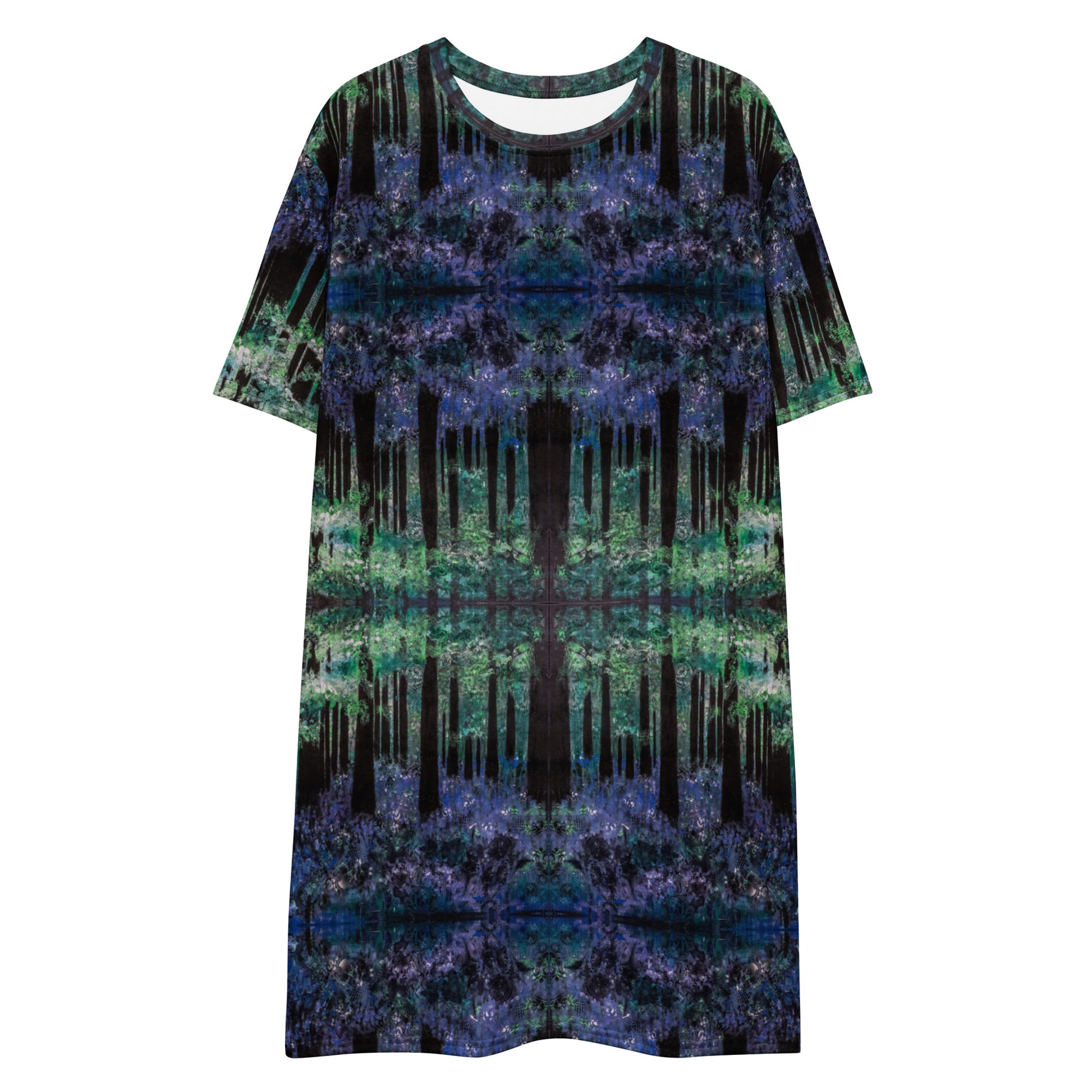 Bluebell Woods t-shirt dress with bluebell woodland painting by Vicky Steane, front view