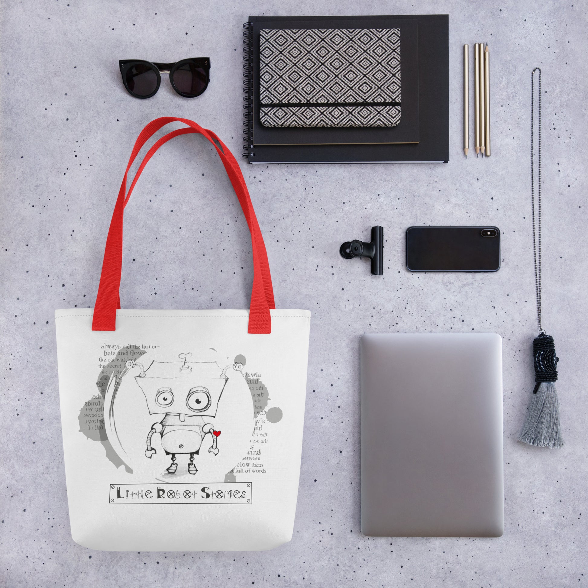 black Little Robot tote bag with children’s robot story art by Vicky Steane
