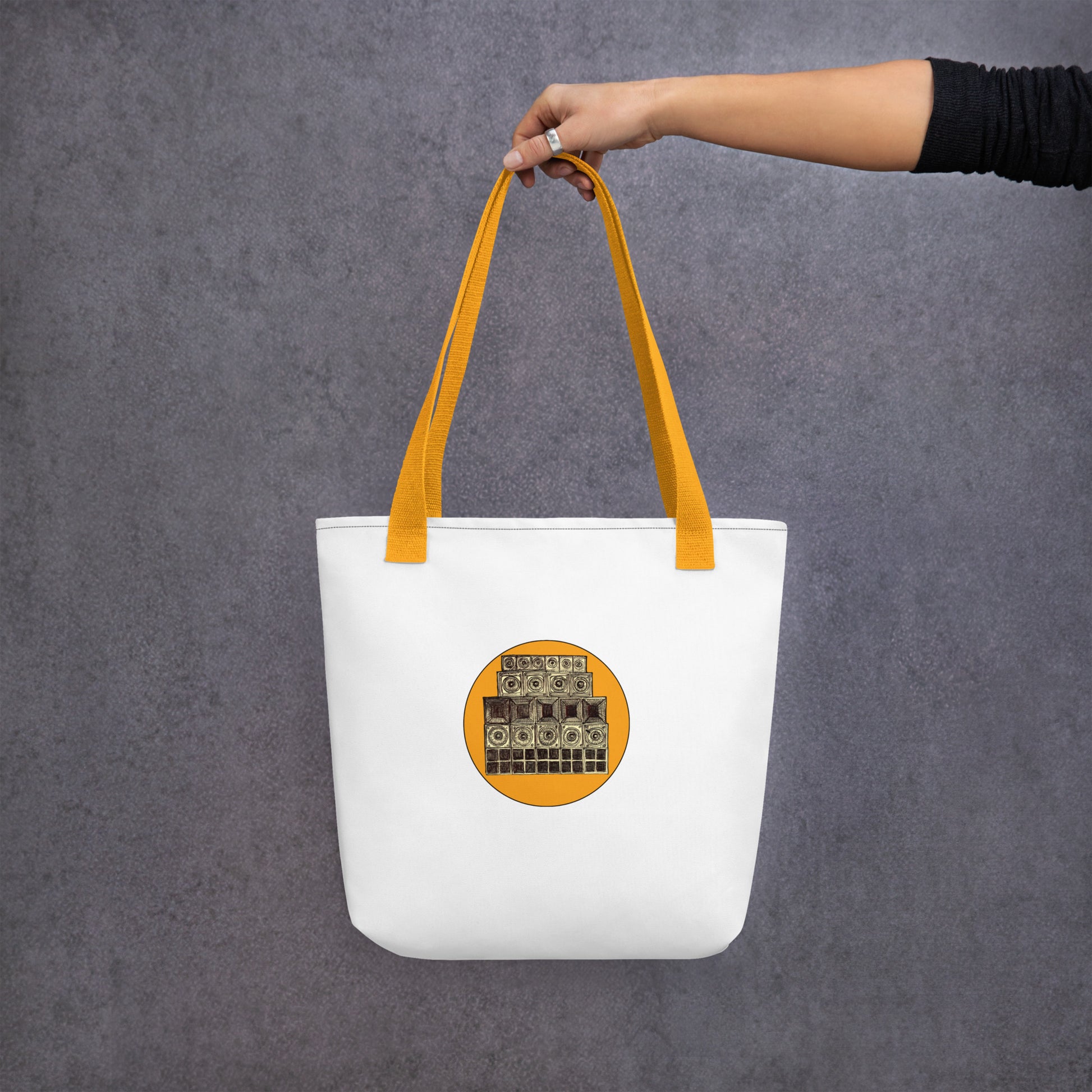 black Speaker Stack tote bag with speaker stack illustration by Vicky Steane
