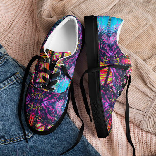 Pair of black lace-up canvas shoes featuring the Vicky Steane Barcelona multicolour artwork design with vibrant printed details