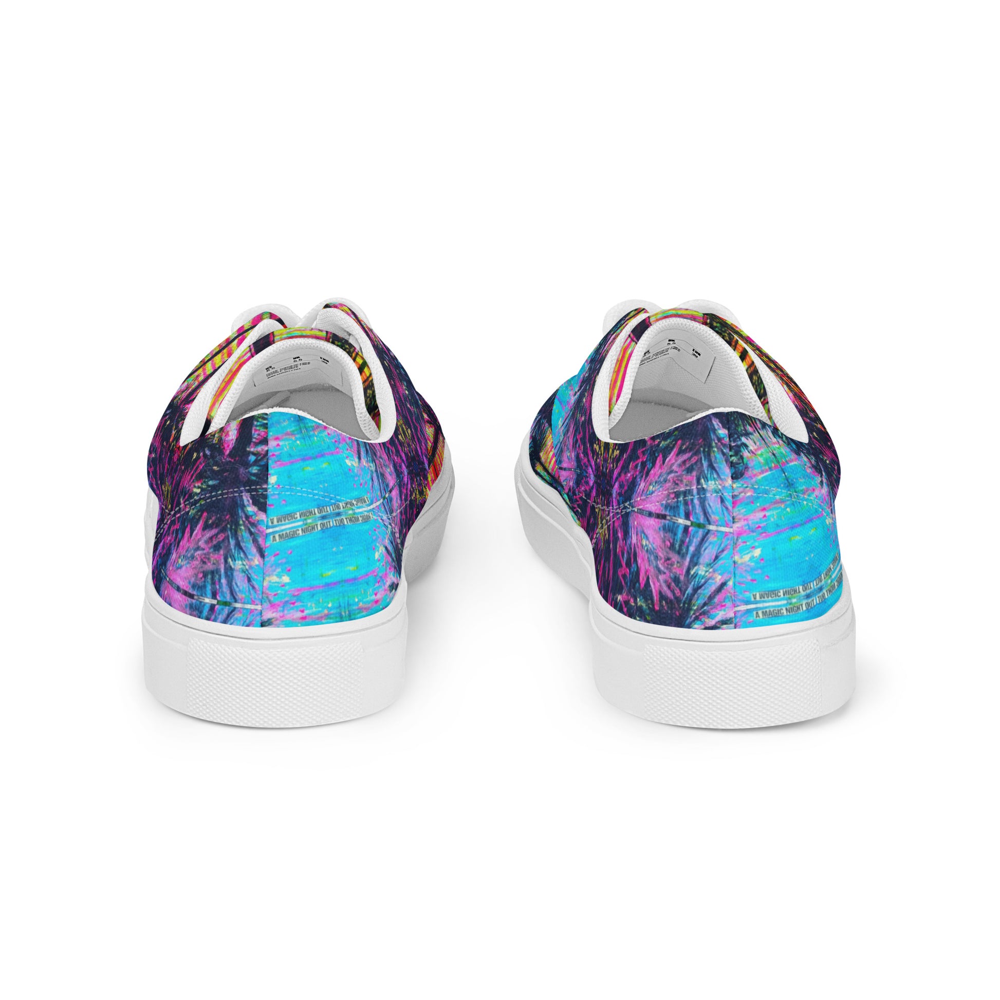 Rear view of white lace-up canvas shoes showing the continuation of the colourful printed design