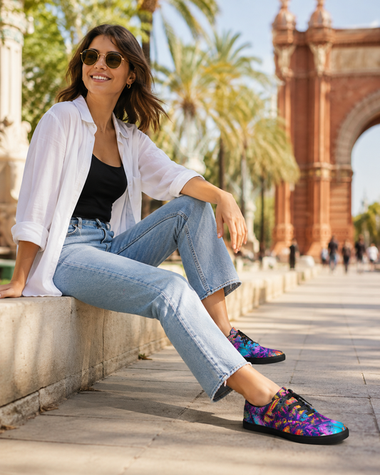 Woman wearing black lace-up canvas shoes with colourful Barcelona-inspired artwork in a stylish outdoor lifestyle setting