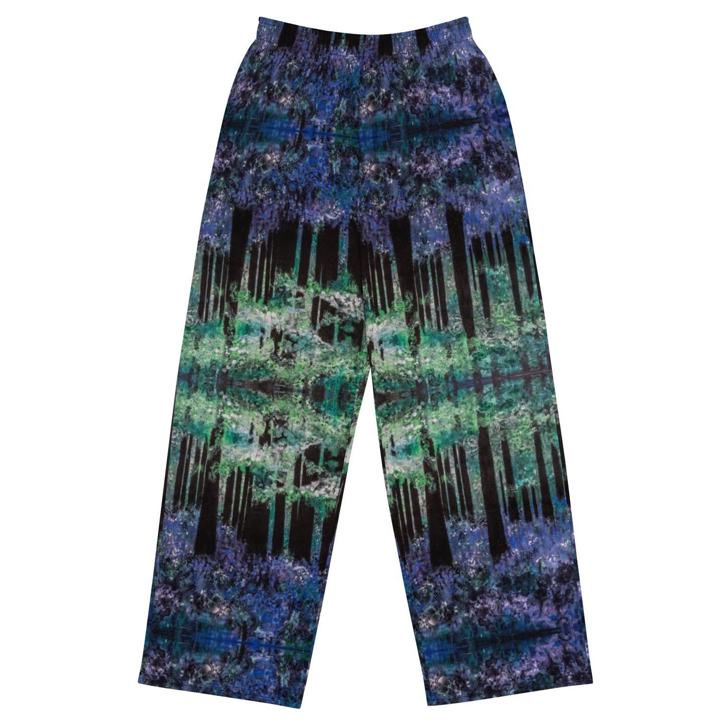 Bluebell Woods wide-leg pants with bluebell woodland painting by Vicky Steane, front view