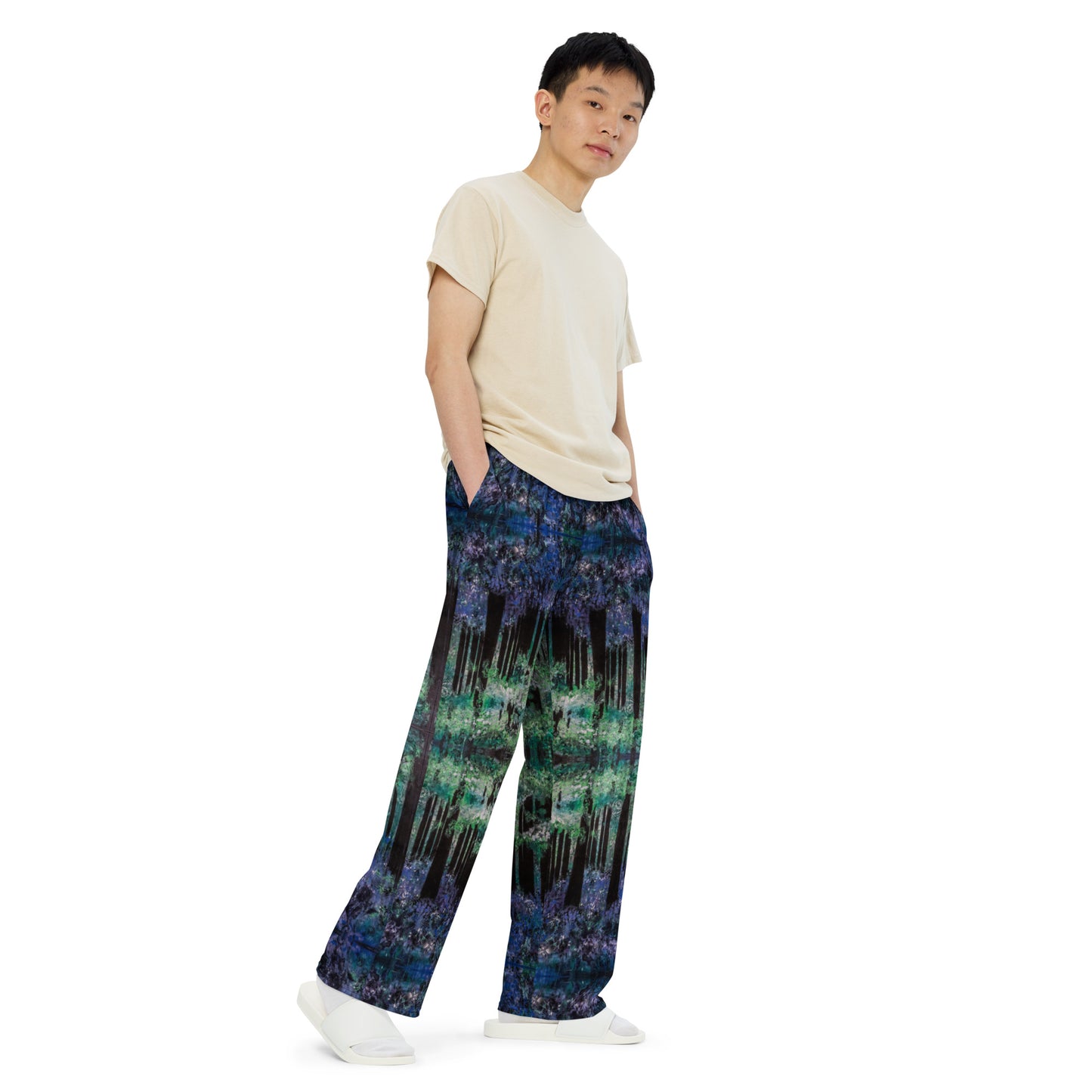 Bluebell Woods wide-leg pants with bluebell woodland painting by Vicky Steane, front view