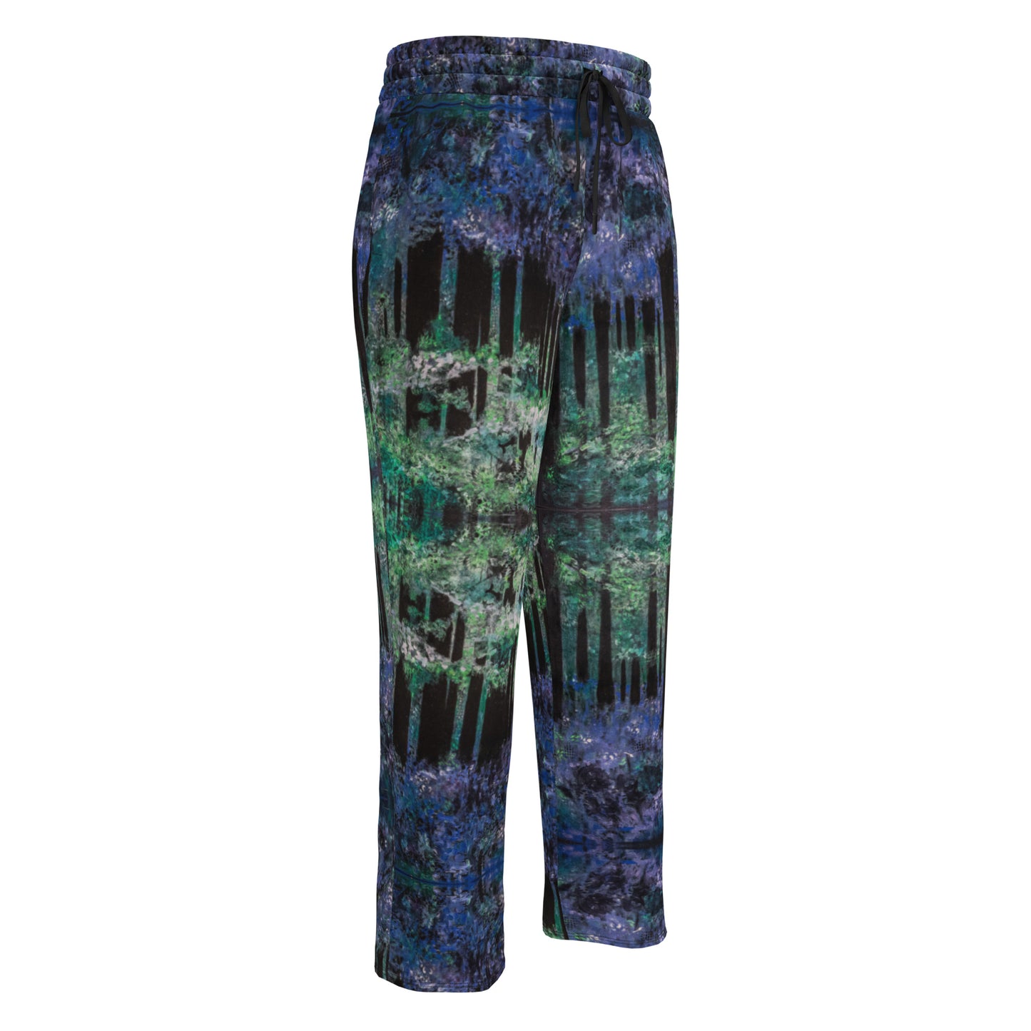 Bluebell Woods wide-leg joggers with bluebell woodland painting by Vicky Steane, back view