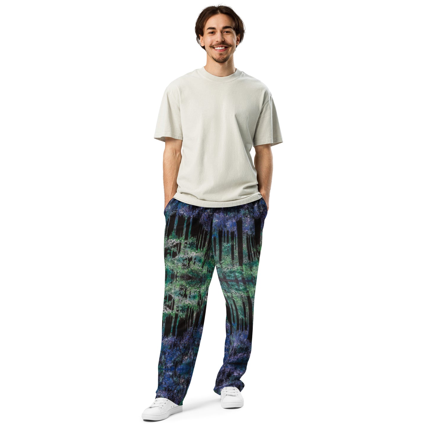 Bluebell Woods wide-leg joggers with bluebell woodland painting by Vicky Steane, back view